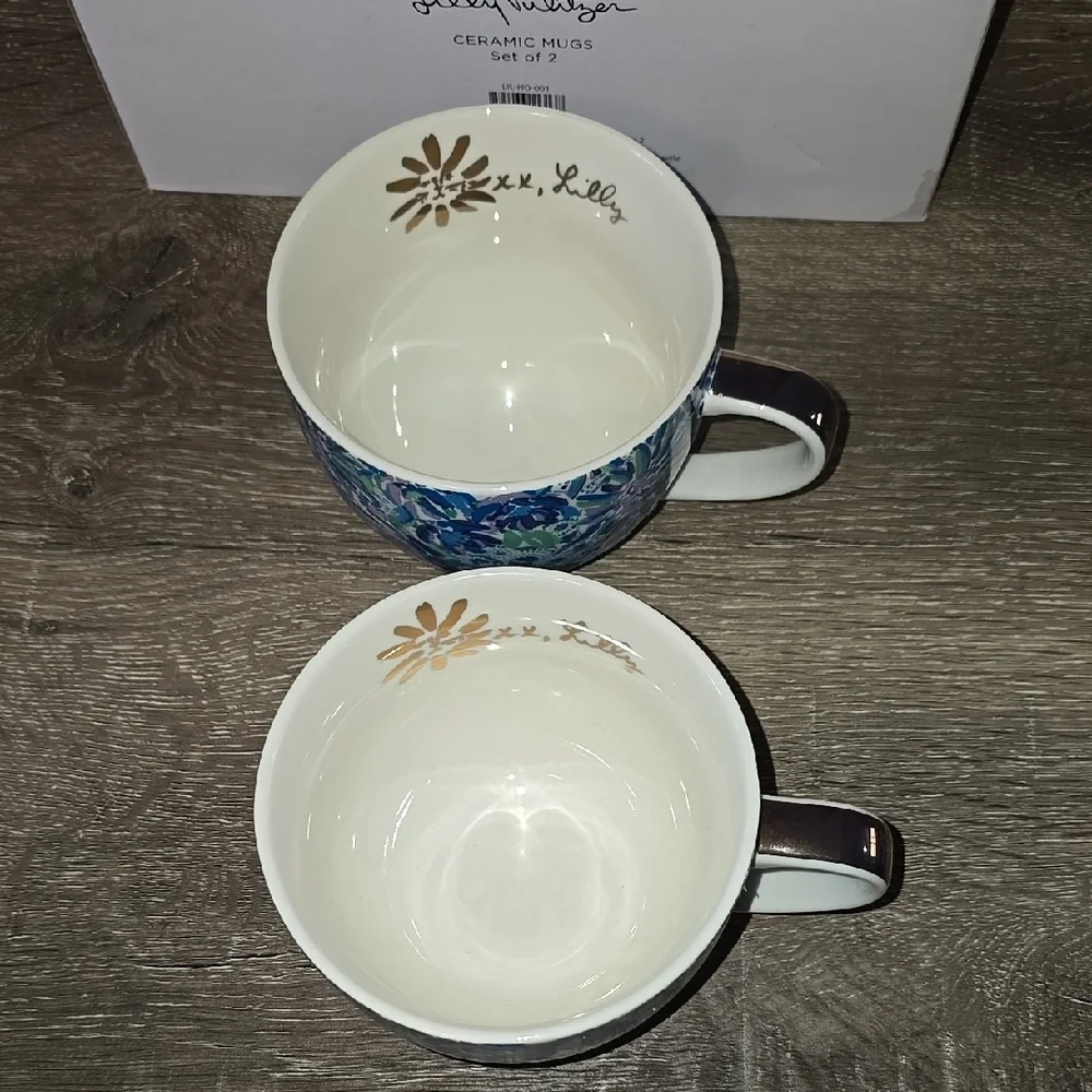 Lilly Pulitzer Blue and White Ceramic Mugs with Floral Design - Picture 3 of 7